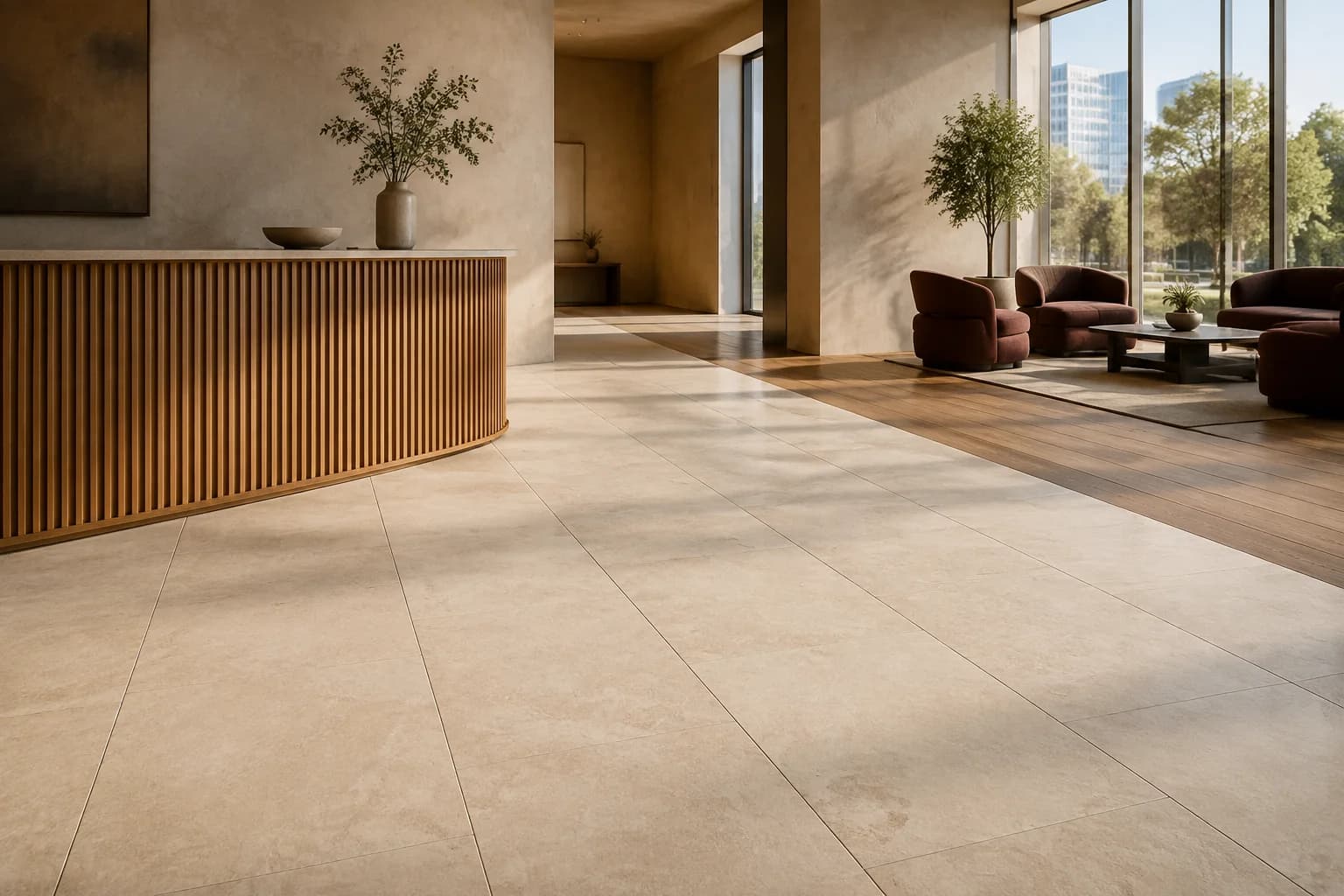 Generated commercial lobby design concept showing a porcelain-look tile field meeting a wood-look floor
