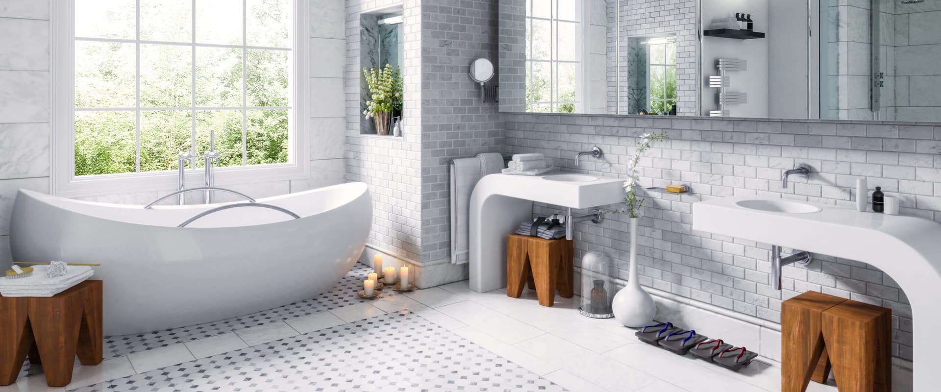 Natural stone flooring installation in luxury bathroom