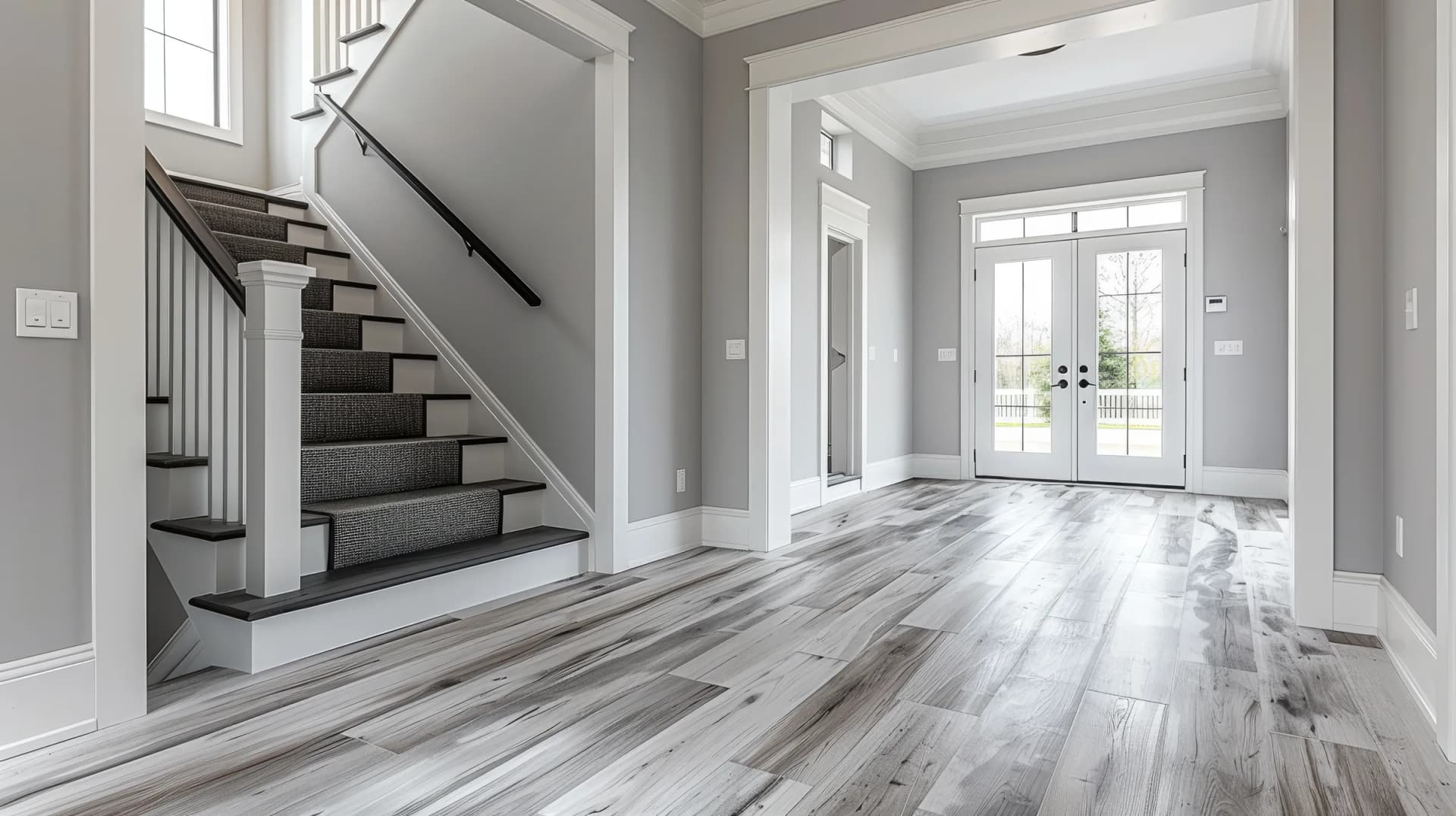 Wood-look floor reference showing plank direction across an entry beside a staircase